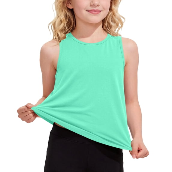 FSYBOA Girls Tank Tops, Casual Crew Neck Quick Drying Sleeveless Kids Athletic Tops Mint Green Size 14-15T