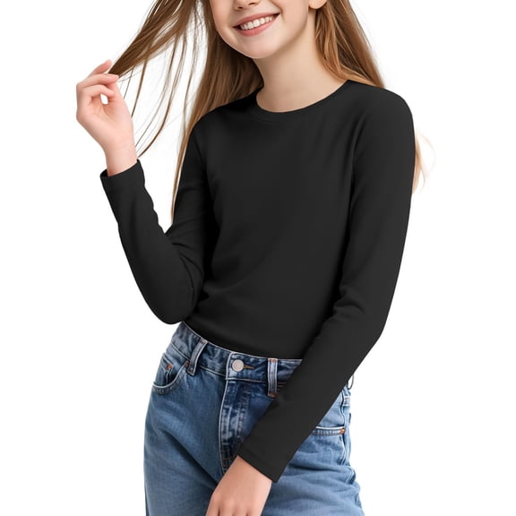 FSYBOA Girls Thermal Shirt, Crew Neck Long Sleeve Warm Fleece-Lined Fall Layer Top Black Size 11-14T