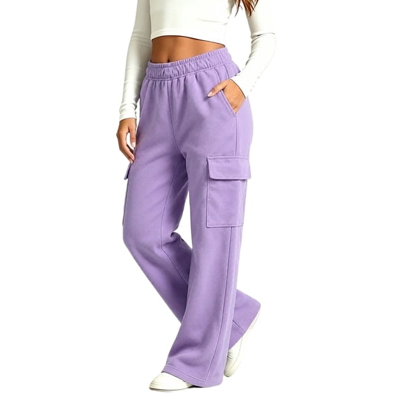 FSYBOA Girls Wide Leg Sweatpants, Multi Pockets Open Bottom Fashion Relaxed Fit Fall Pants Purple Size 14-15T