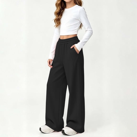 FSYBOA Girls Wide Leg Sweatpants, Open Bottom Elastic Waist Casual Relaxed Fit Fall Pants Black Size 7-8T