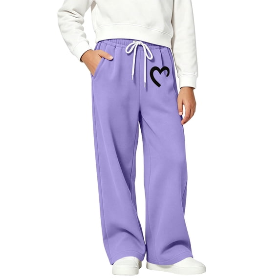 FSYBOA Girls Wide Leg Sweatpants, Relaxed Fit Drawstring Waist Warm Open Bottom Fall Pants Purple Size 5-6T