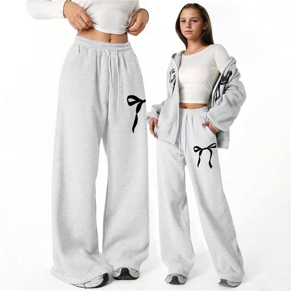FSYBOA Girls Wide Leg Sweatpants, Relaxed Fit Open Bottom Printed Drawstring Waist Fall Pants White Size 9-10T