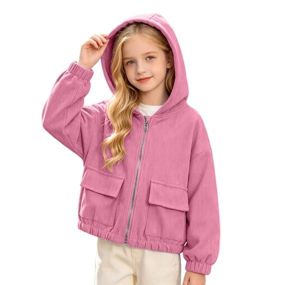 FSYBOA Girls Zip Up Jackets, Long Sleeve Fall Casual Windproof Kids Hooded Outerwear Hot Pink Size 12-13T