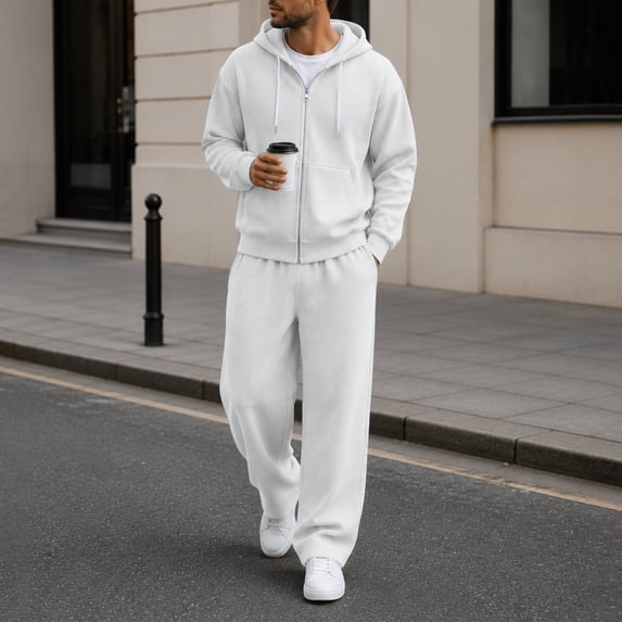 FSYBOA Men's 2 Piece Sweatsuit Set, Full Zip Open Bottom Drawstring Long Sleeve Hoodies and Sweatpants White Size S