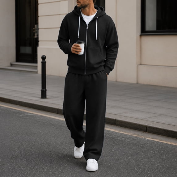 FSYBOA Men's 2 Piece Sweatsuit Set, Long Sleeve Full Zip Open Bottom Drawstring Hoodies and Sweatpants Black Size 3XL