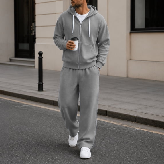 FSYBOA Men's 2 Piece Sweatsuit Set, Long Sleeve Full Zip Open Bottom Drawstring Hoodies and Sweatpants Gray Size XL