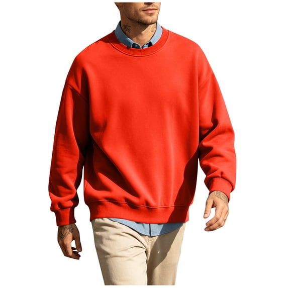 FSYBOA Men's Crew Neck Sweatshirt, Casual Fall Long Sleeve Fleece Men's Pullover Tops Red Size M