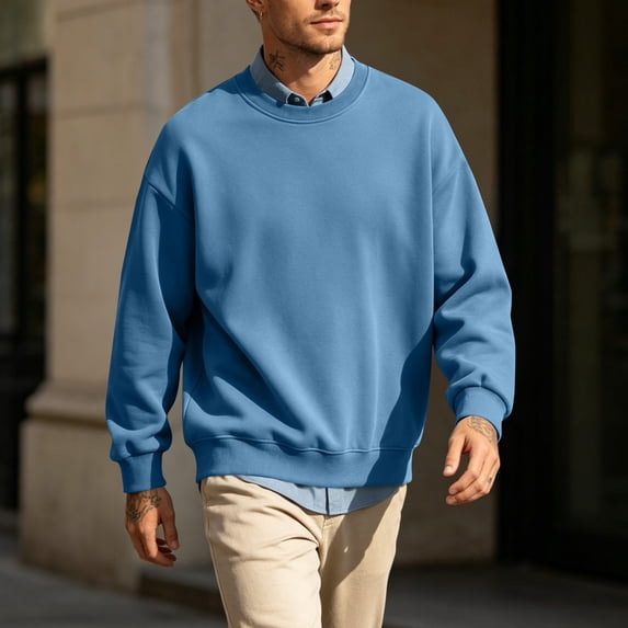 FSYBOA Men's Crew Neck Sweatshirt, Long Sleeve Fleece Fall Casual Men's Pullover Tops Light Blue Size S