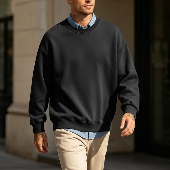 FSYBOA Men's Crew Neck Sweatshirt Size 2XL, Casual Fall Fleece Long Sleeve Men's Pullover Tops Black
