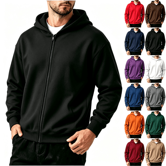 FSYBOA Men's Full Zip Hoodies, Winter Casual Long Sleeve Solid Color Men's Hooded Jackets Black Size 2XL