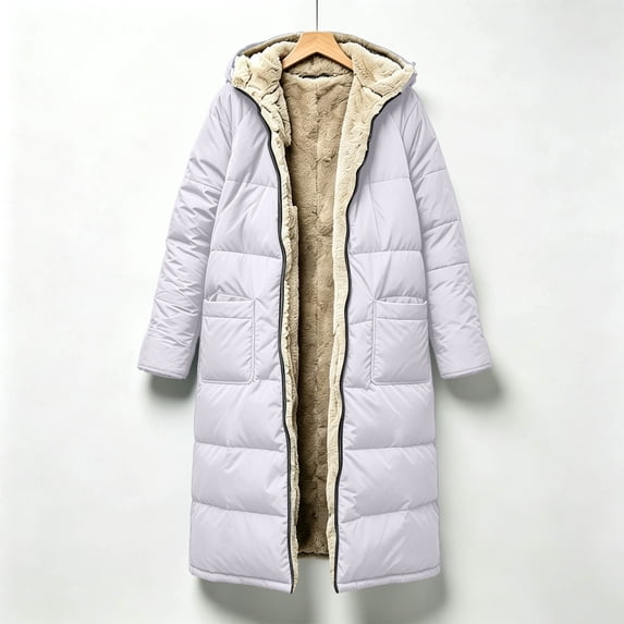 FSYBOA Men's Hooded Puffer Coat, Long Length Thick Warm Fleece Lined Winter Outerwear Coat White Size S