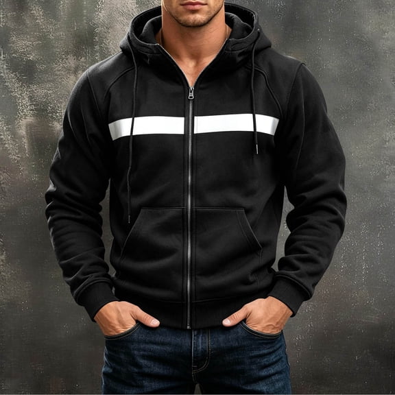 FSYBOA Men's Hoodies Size 3XL, Drawstring Long Sleeve Loose Fit Casual Zipper Jackets Black