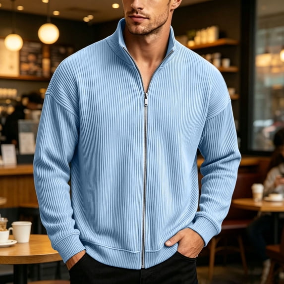 FSYBOA Men's Zip Up Sweatshirts, Fall Stand Collar Casual Basic Men's Long Sleeve Jackets Sky Blue Size 4XL