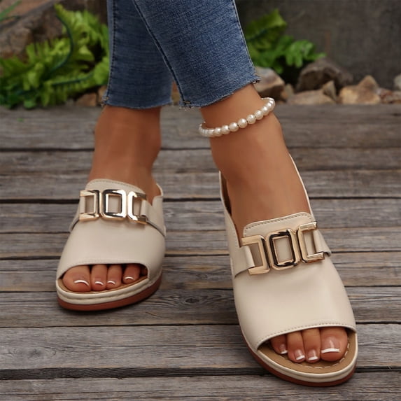 FSYBOA Womens Comfort Sandals, Open Toe Summer Anti-Slip Slip-On Wedge Sandal for Women Beige Size 7