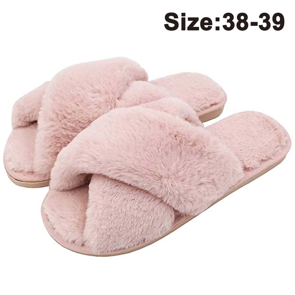 FSYZX Slippers for Women, Open Toe Fuzzy Fluffy House Slippers Cozy Memory  Foam Anti-Skid Plush Cross Furry Slippers Indoor Outdoor