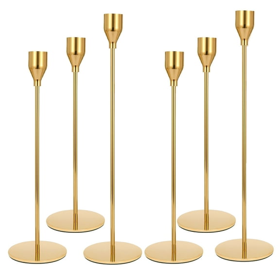 FSyueyun Set of 6 Gold Candle Holders for Taper Candles, Metal Table Mantel Decorative Candlestick Holders for Wedding, Dinning, Party, Fits 3/4 inch Thick Candle