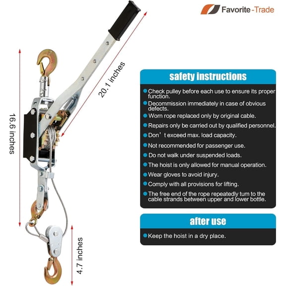 FT Come Along Winch Heavy Duty, 5 Ton (11,023 lbs), 10ft Steel Cable, 3 Hooks, Come Along Tool with Dual Gears, Automotive Hoist Cable Puller for Recovery Gear, Vehicle, Fence (Upgraded Version)