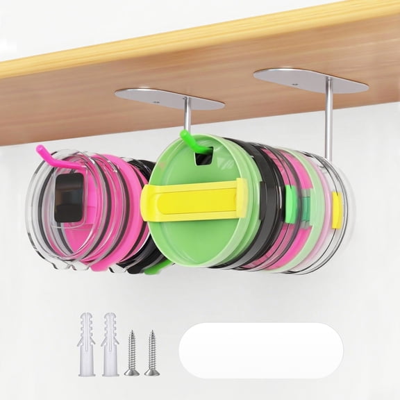 FT HITA Tumbler Lid Organizer 2 Pack Space Saving Cup Lid Organizer Hook Self Adhesive or Drilling Tumbler Lid Storage Hook for Kitchen Organizers