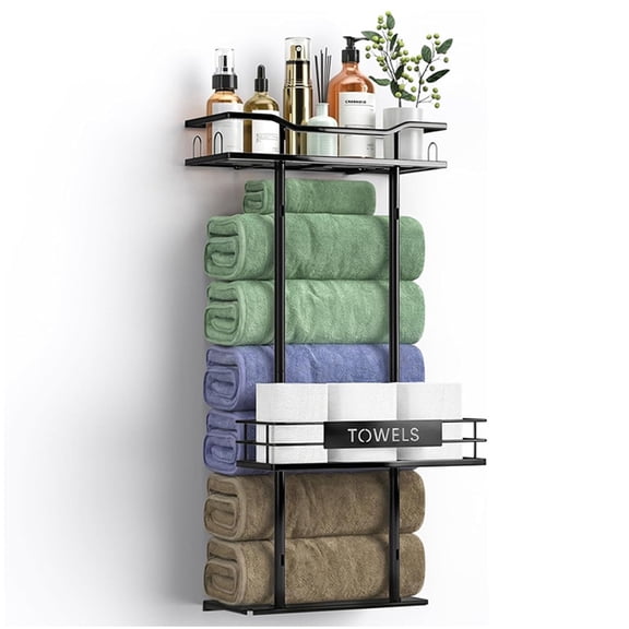 FT Hita 30 Inch Wall Mounted Towel Rack, Holds 6-8 Large Towels, Bathroom Towel Storage with Floating Shelf & Adjustable Tissue Basket, Metal Towel Holder for Small Bathroom, Black