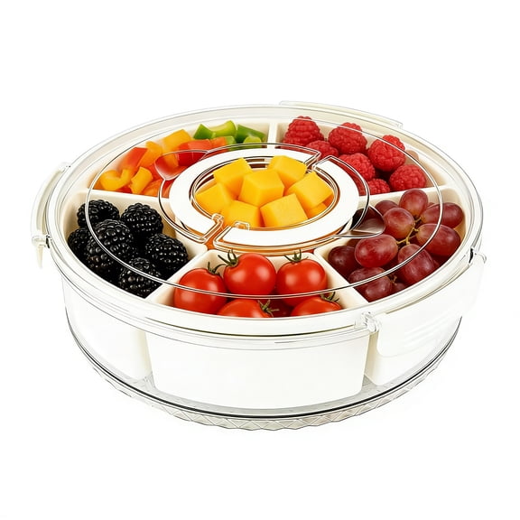 FT Hita 6-Compartment 360 Rotating Clear Serving Tray with Lid & Handle, Portable Snack Platter for Party, Picnic, Family Gathering (White)