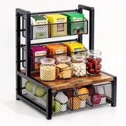 FT Hita Coffee Bar Organizer, Countertop K-Cup Holder with Sliding Mesh Drawer & Detachable Basket, Metal & Wood Coffee Pod Storage for Syrup, Cups, Condiment, Tea Bags, Home Office Coffee Station