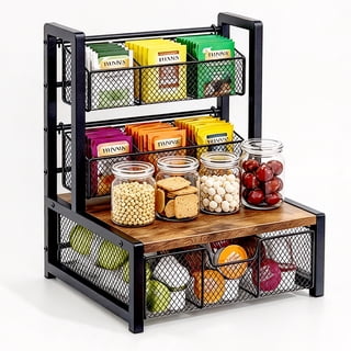 FT Hita Coffee Bar Organizer, Countertop K-Cup Holder with Sliding Mesh Drawer & Detachable Basket, Metal & Wood Coffee Pod Storage for Syrup, Cups, Condiment, Tea Bags, Home Office Coffee Station