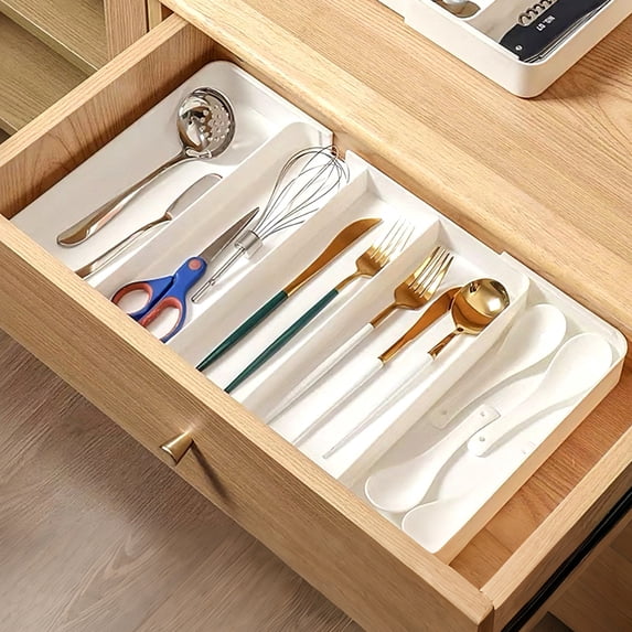 FT Hita Expandable Kitchen Cutlery Drawer Organizer, Adjustable Plastic Storage Tray, Multi-Purpose Storage for Kitchen Utensils, Office Stationery & Makeup Brushes, White