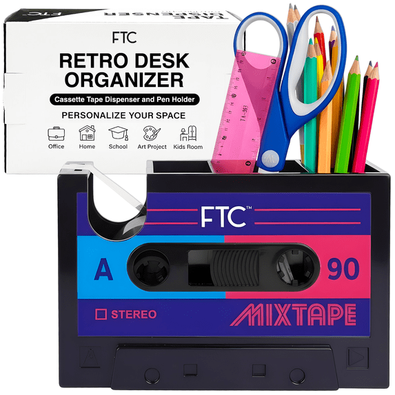 Retro Cassette Tape Dispenser Desk Organizer, FTC Retro Office Supply Holder with Pen Holder, Manual Dispenser, 1 pack, 6.7 x 2 x 4.5 in, Mix Tape