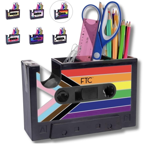 Retro Cassette Tape Dispenser Desk Organizer, FTC Retro Office Supply Holder with Pen Holder, Manual Dispenser, 1 pack, 6.7 x 2 x 4.5 in, Progress Pride Flag