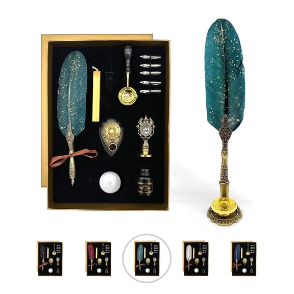FTC Feather Quill Pen Calligraphy Set with Zodiac Wax Seals, Ink, and Nibs, Green