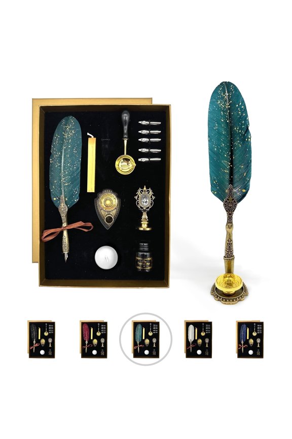Feather Quill Pen Calligraphy Set with Zodiac Wax Seals, Ink, and Nibs, Green