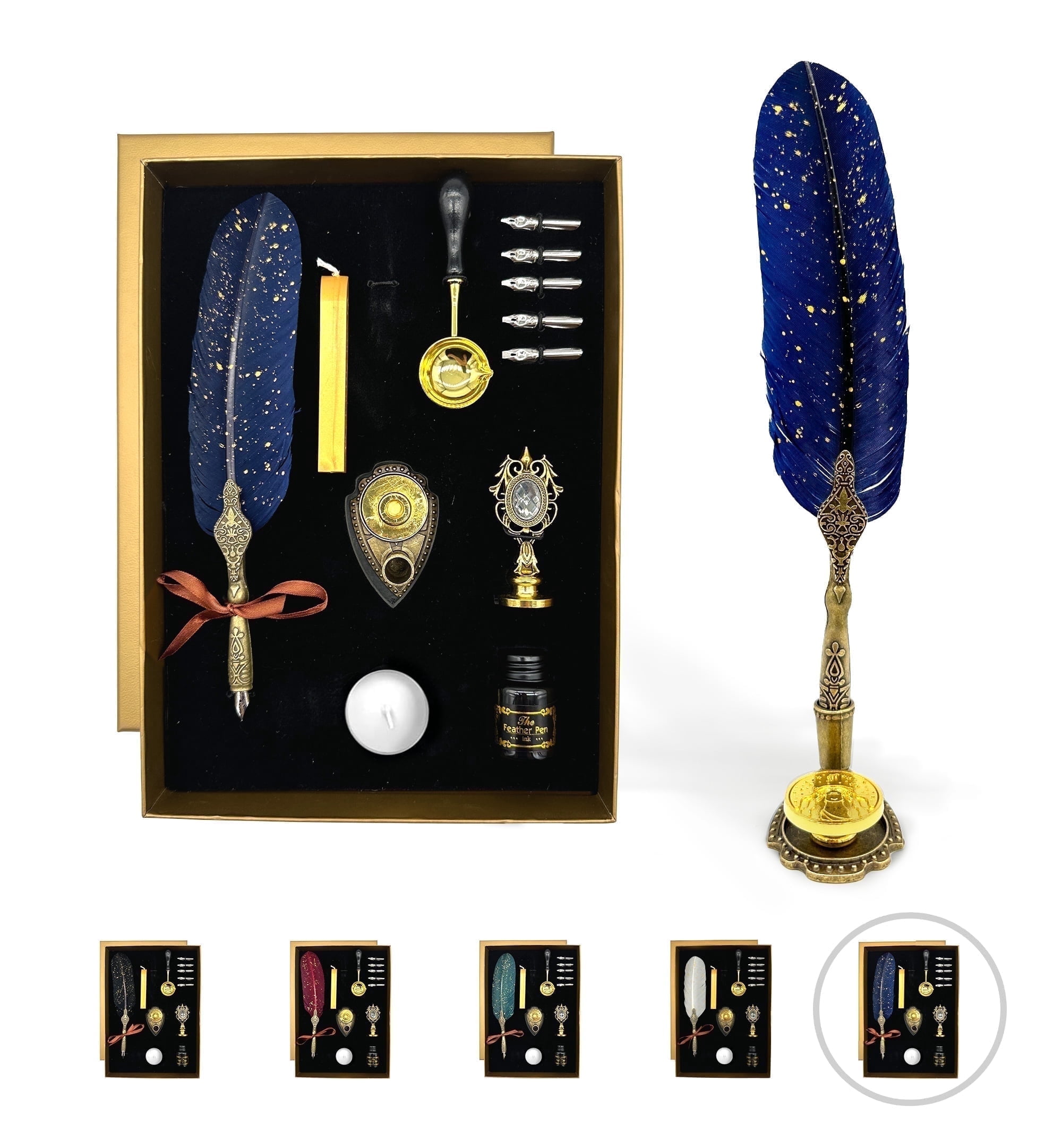 FTC Feather Quill Pen Calligraphy Set with Zodiac Wax Seals, Ink, and Nibs, Blue