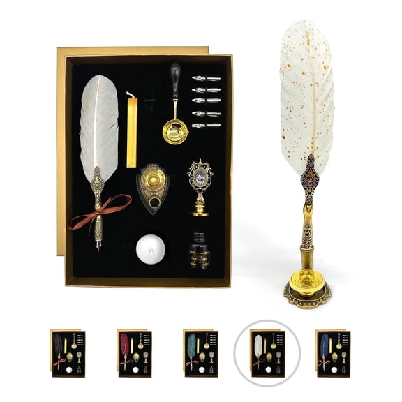 FTC Feather Quill Pen Calligraphy Set with Zodiac Wax Seals, Ink, and Nibs, White