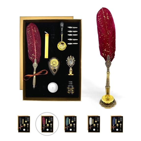 FTC Feather Quill Pen Calligraphy Set with Zodiac Wax Seals, Ink, and Nibs, Maroon