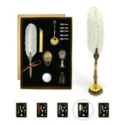 FTC Feather Quill Pen Calligraphy Set with 12 Zodiac Wax Seals, Ink, and Nibs (White)