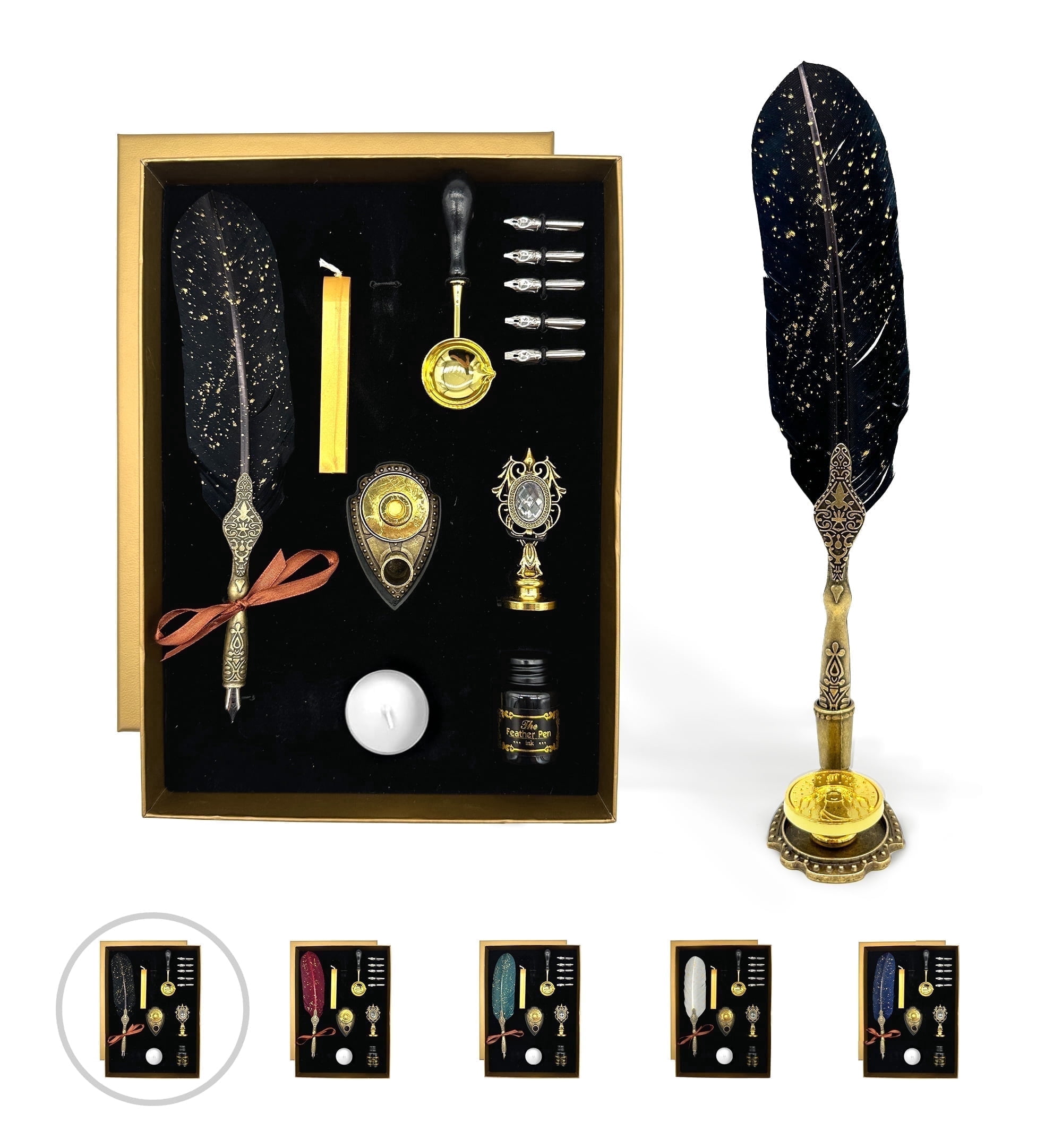 FTC Feather Quill Pen Calligraphy Set with 12 Zodiac Wax Seals, Ink, and Nibs (Black)