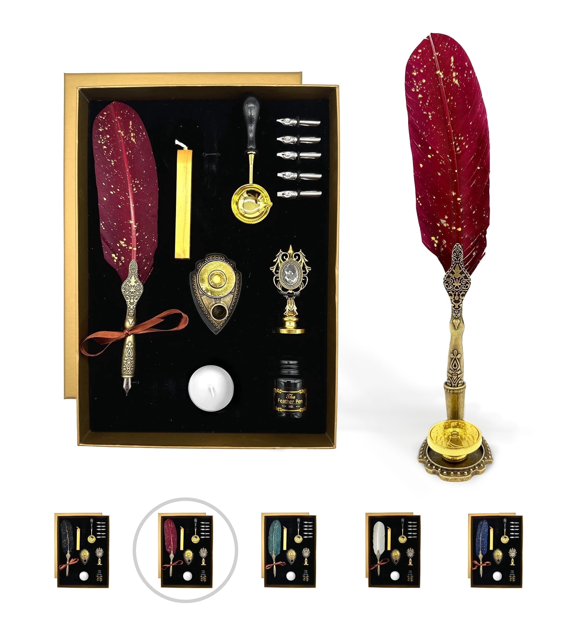FTC Feather Quill Pen Calligraphy Set with Zodiac Wax Seals, Ink, and Nibs, Maroon