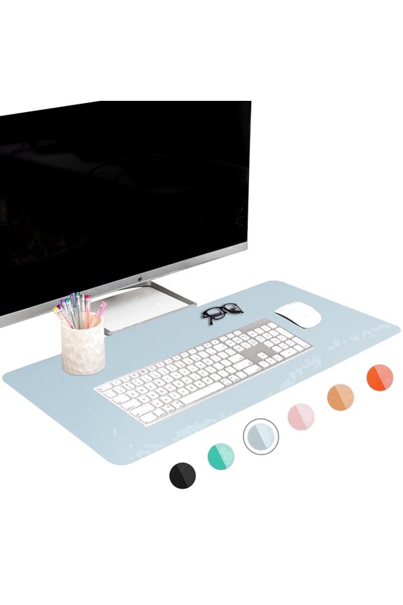 PU Leather Desk Pad, XL 31.5 x 15.75 in, Non-Slip Flannelette Base, Stitched Desk Mat, Smokey Blue