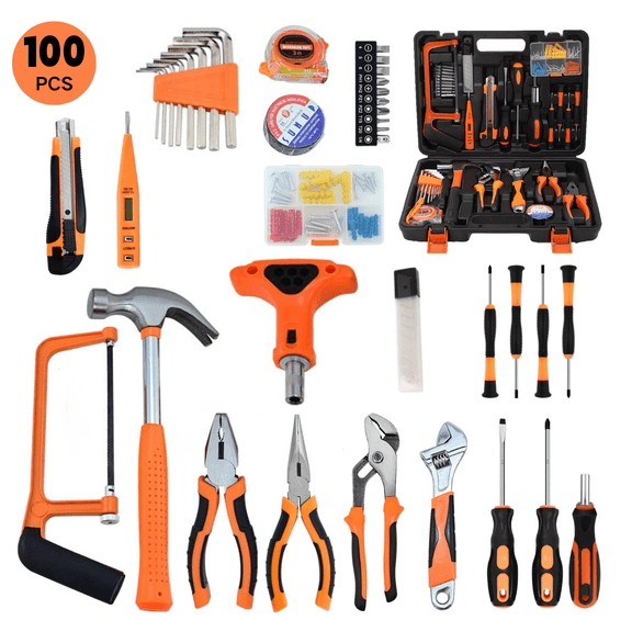 FTCBJJA 100-Piece Household Tool Set with Plastic Storage Toolbox, Multi-purpose Basic Repair Tools for Home, Garage and Daily General Maintenance Use