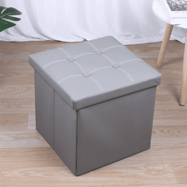 FTCBJJA 15" Folding Storage Ottoman Cube 55L Capacity Foot Rest, Faux-Leather Folding Storage Bench for Living Room Bedroom Entryway (Gray)