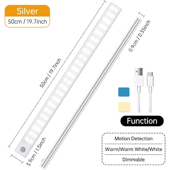 ZHUYZ 19.7Inch Under Cabinet Lights, USB Rechargeable Closet Lighting with Motion Sensor and Magnetic Strip for Wardrobe, Kitchen Wireless Lighting Siver