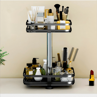 FTCBJJA 2 Tier Lazy Susan Organizer, Turntable Height Adjustable Rotating Spice Rack for Kitchen Cabinet, Fruit Snacks Organizer for Cupboard (Black)