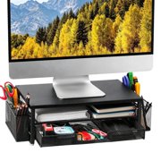 FTCBJJA 2-Tier Monitor Stand Riser, Desk Organizer and Accessories with Drawer and Pen Holders, Carbon Steel Ergonomic Computer Stand for Home, Black