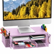 FTCBJJA 2-Tier Monitor Stand Riser, Desk Organizer and Accessories with Drawer and Pen Holders, Carbon Steel Ergonomic Computer Stand for Home, Pink