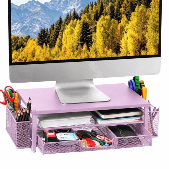 FTCBJJA 2-Tier Monitor Stand Riser, Desk Organizer and Accessories with Drawer and Pen Holders, Carbon Steel Ergonomic Computer Stand for Home, Pink