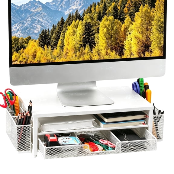 FTCBJJA 2-Tier Monitor Stand Riser, Desk Organizer and Accessories with Drawer and Pen Holders, Carbon Steel Ergonomic Computer Stand for Home, White
