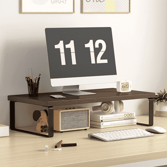 FTCBJJA 20 Inch Monitor Stand Riser, Computer Monitor Stand for Office Computer, Laptop, Small Printer, Walnut/Black Desk