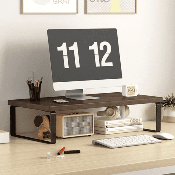 FTCBJJA 20 Inch Monitor Stand Riser, Computer Monitor Stand for Office Computer, Laptop, Small Printer, Walnut/Black Desk