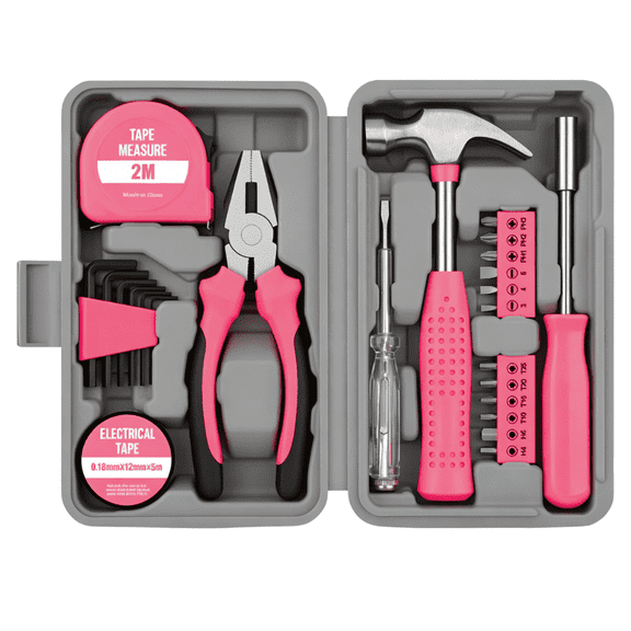 FTCBJJA 24-Piece Tool Set with Plastic Toolbox Storage Case, Home Hand Tool Kit, General Household Hand Tool Kit for Home, Garage, Office, Pink