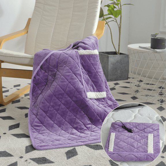 FTCBJJA 24” x 32” Electric Blanket, Machine Washable Crystal Velvet Electric Heating Pad, Portable USB Washable Heating Shawl Scarf with Snap Clasp for Home, Travel, Office, Purple